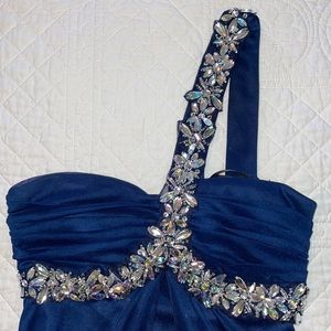 Prom 7/8 Dark Blue 1 Strap See-Through Long Gown Built in bra cups Cut-Out Back